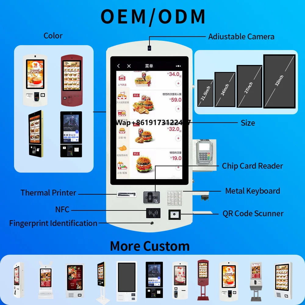 32 Inch Self Service Food Ordering Touch Screen Kiosk  Dual Screen with Barcode Reader Indoor Self Pay Machine for Order Payment