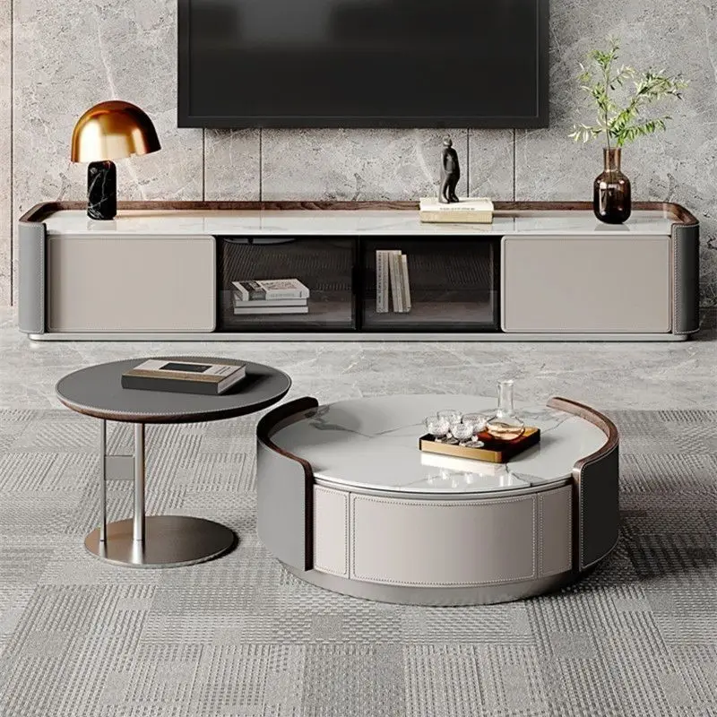 

Italian light luxury saddle skin rock slab round coffee table TV cabinet small apartment living room size round solid wood