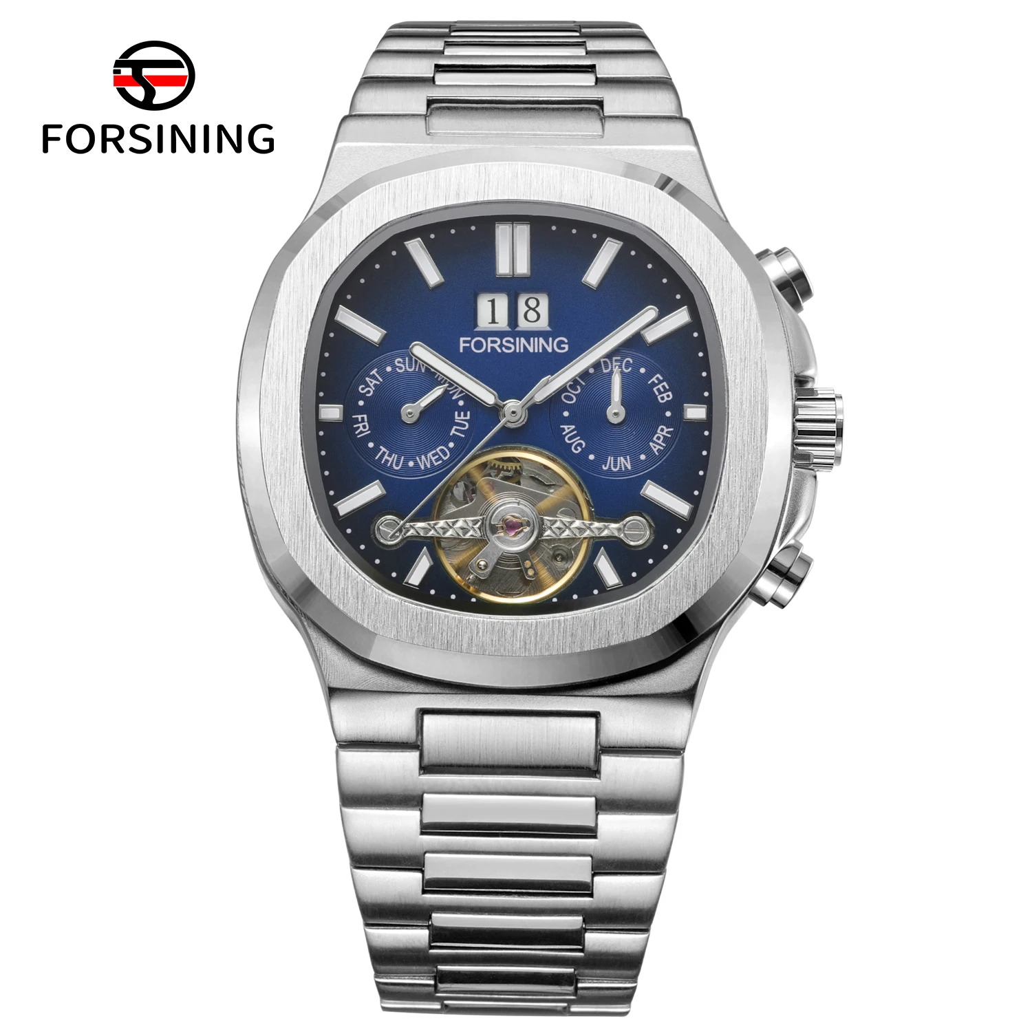 FORSINING 481 Fashion Watch for Men Stainless Steel Strap Tourbillon Skeleton Transparent Automatic Mechanical Men Watch Reloj