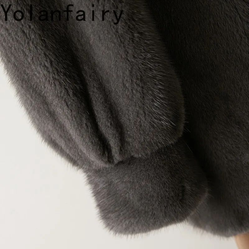 เสื้อโค้ทขนสัตว์แท้คุณภาพสูง YOLANFAIRY สำหรับผู้หญิง หรูหรา สำหรับฤดูหนาว ความยาวปานกลาง ทำจากขนมิงค์แท้ทั้งตัว พร้อมฮู้ด สีเทา