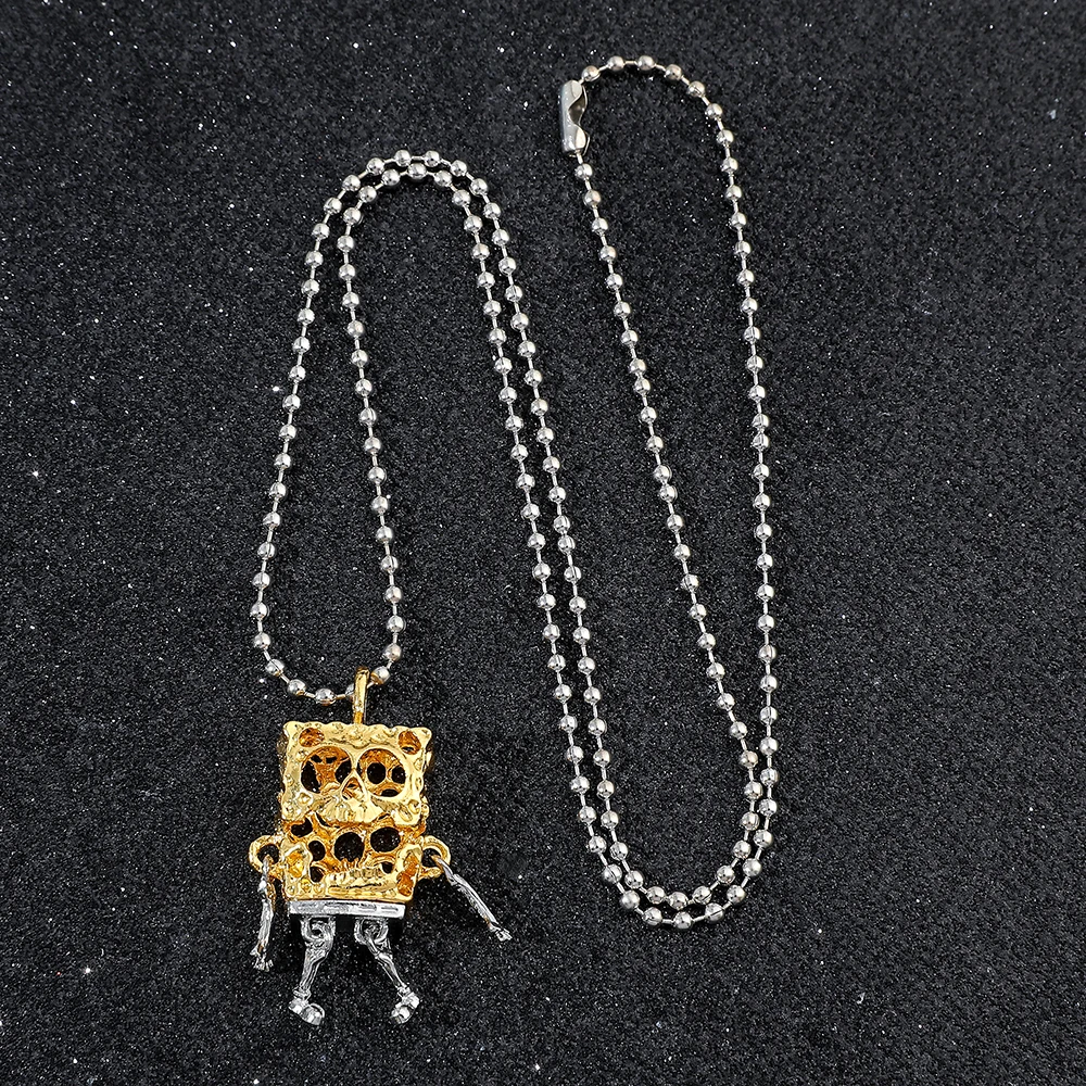 Cute SpongeBob SquarePants Skull Pendant Necklace Cartoon Personality Neck Chain Jewelry for Men Women Hip Hop Accessories