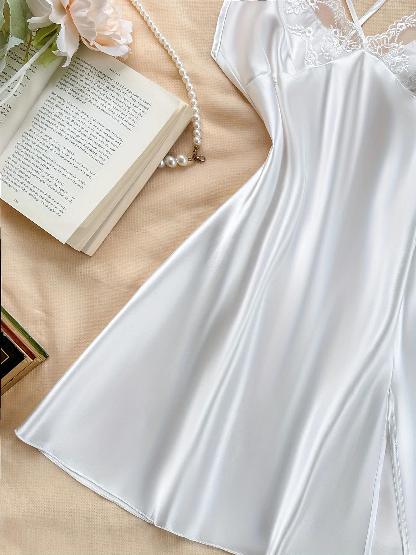 مثير الخامس الرقبة الدانتيل تقليم لون نقي البوليستر المرأة ثوب النوم ملابس خاصة أنيقة للسيدات #4