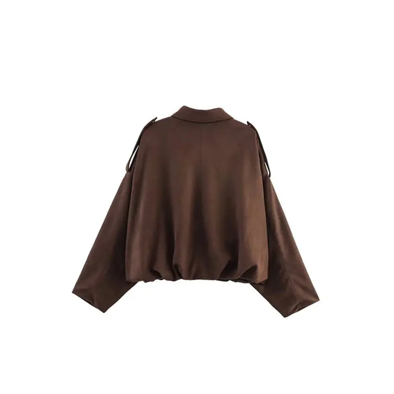 BMBY-Women's Faux Suede Jacket With Pocket Lapel Pilot Coat Casual Oversized Long Sleeves Trendy Streetwear Coffee M