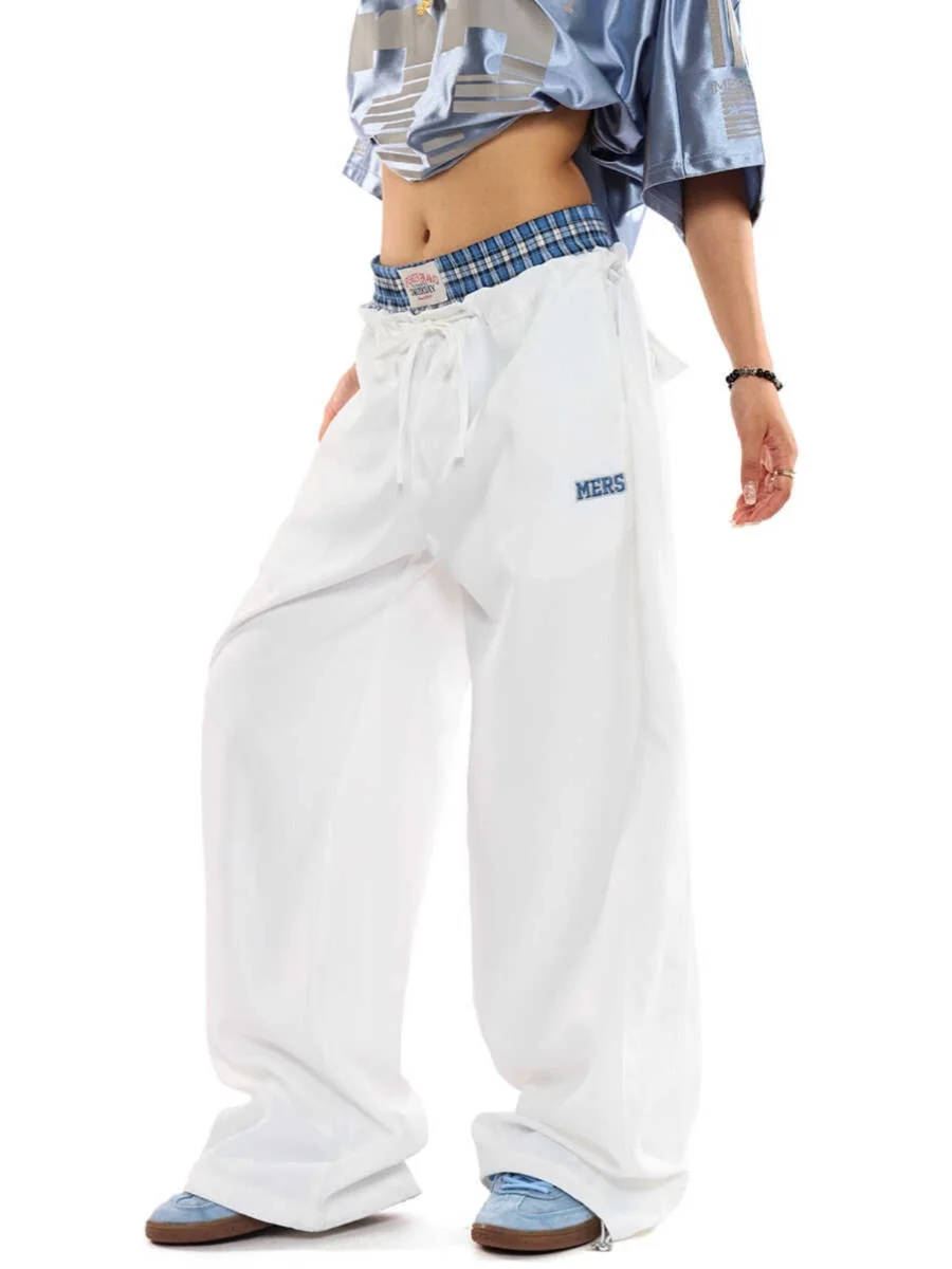 Américain rétro Plaid épissage faux deux pièces pantalons décontractés hommes et femmes rue Hip Hop sport ample Double taille jambe large...