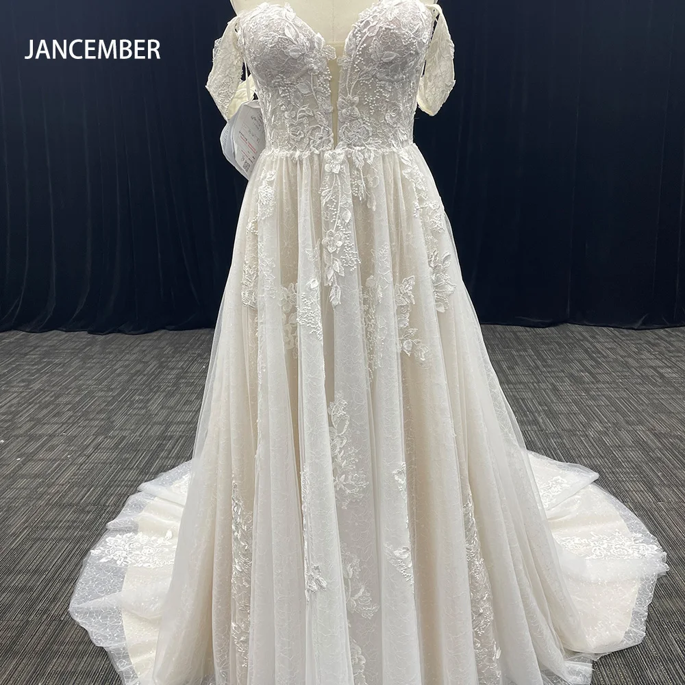 

Boho Scoop A-line Wedding Dress Classic Lace Short Sleeves Lace Up Elegant Bridal Gown Robe De Mariée vestidos novias boda