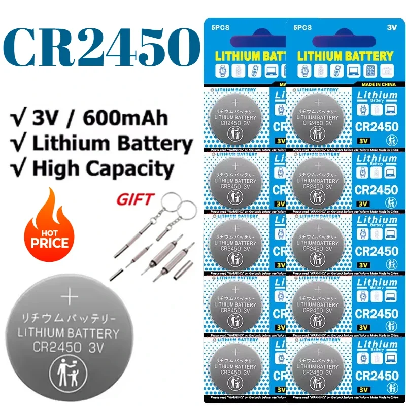 

10-100PCS CR2450 Watch Buttom Battery KCR2450 5029LC LM2450 DL2450 ECR2450 BR2450 CR 2450 3V 600mAh Lithium Coin Cell Batteries