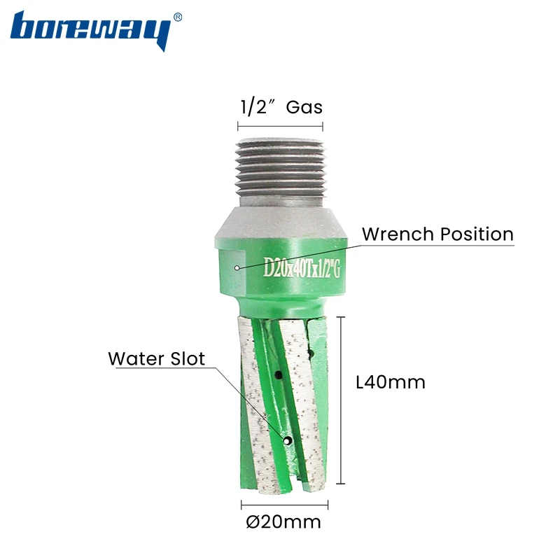 Boreway 1/2"Gas Diamond Finger Bit D22*40T CNC Segment Drill Router Bit With Water Hole In Bottom And Side For Granite Counter