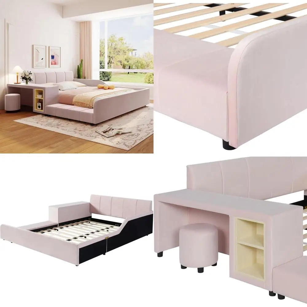 Pink Velvet Queen Size Upholstered Platform Bed with Desk and Stool, Perfect for Kids and Adults Bedroom Furniture