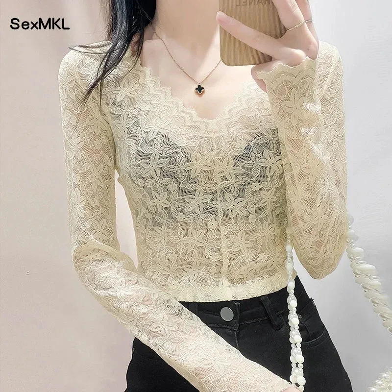 Sexy V-hals Kanten Blouses Vrouwen 2024 Mode Lange Mouw Wit Zwart Blusa Tops Koreaanse Stijl Streetwear Hollow Out Top Mujer