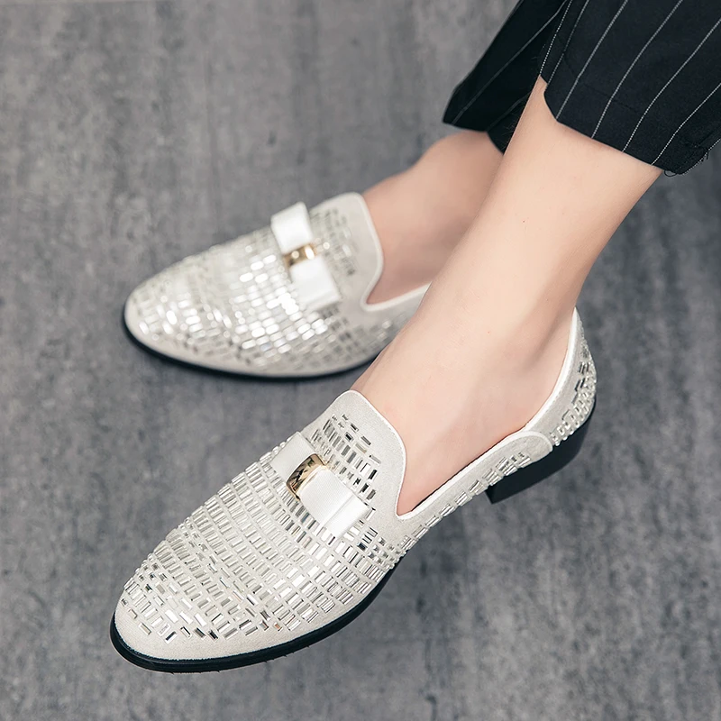 Luxury Diamond Designer Mens White Business Stylist Casual Leather Loafers Man Moccasins Original Men Wedding Dress Male Shoes