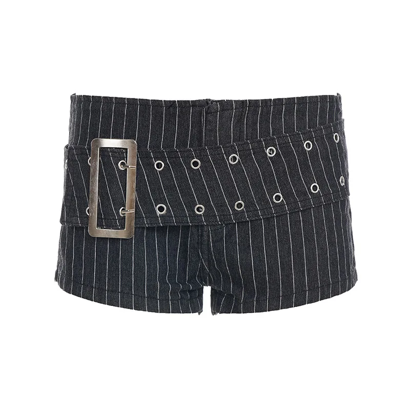

[RUOKE] Sexy Streetwear Low Waist Shorts Women Y2K Striped Belted Mini Shorts Spring Summer Casual Punk Music Festival Outfit