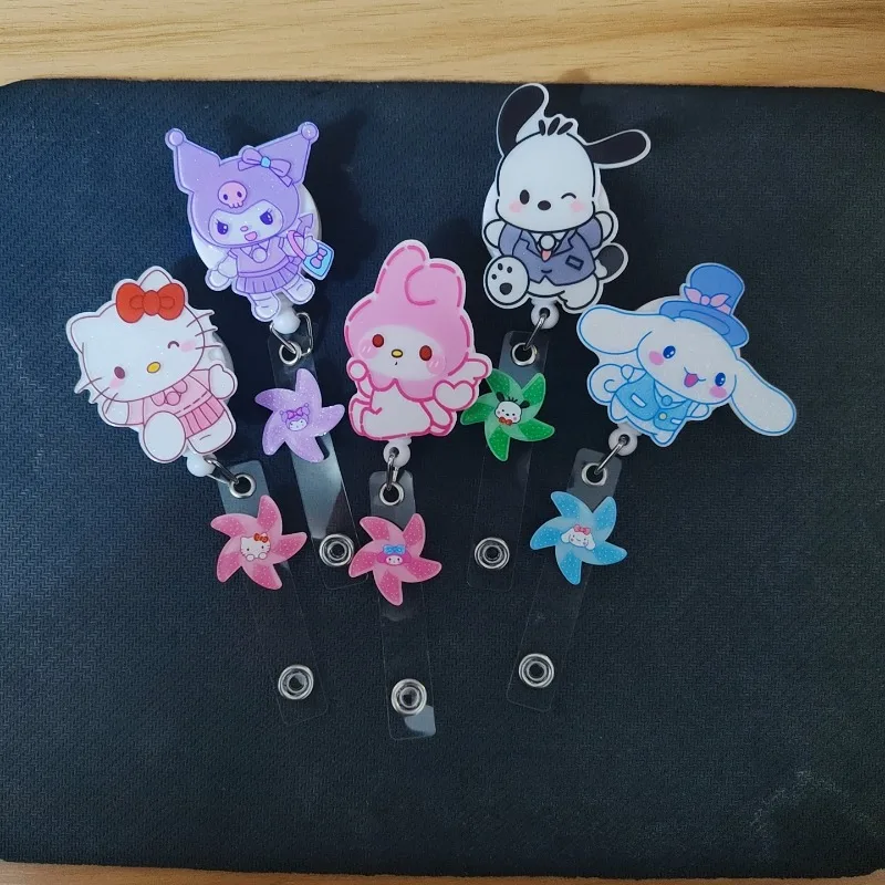 

Sanrios Hello Kittys Kuromi Badge Cute Melody Reel Retractable ID Name Card Clips for Nurse Badge Working Permit Pass Card Clip