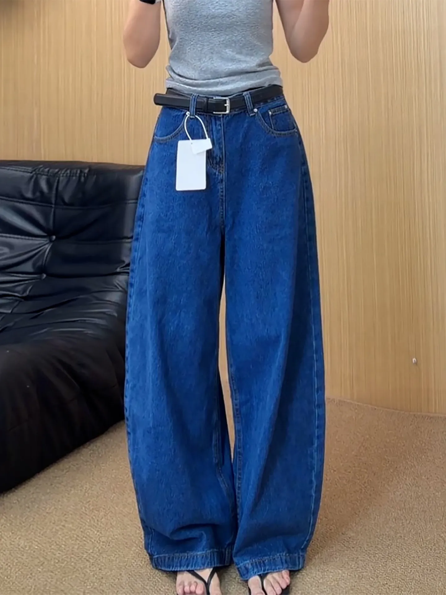 plus Size American Retro Deep Blue Korean Style Lazy Loose Meat Covering All-Match Wide Leg Jeans Women Casual Wide Leg Pants