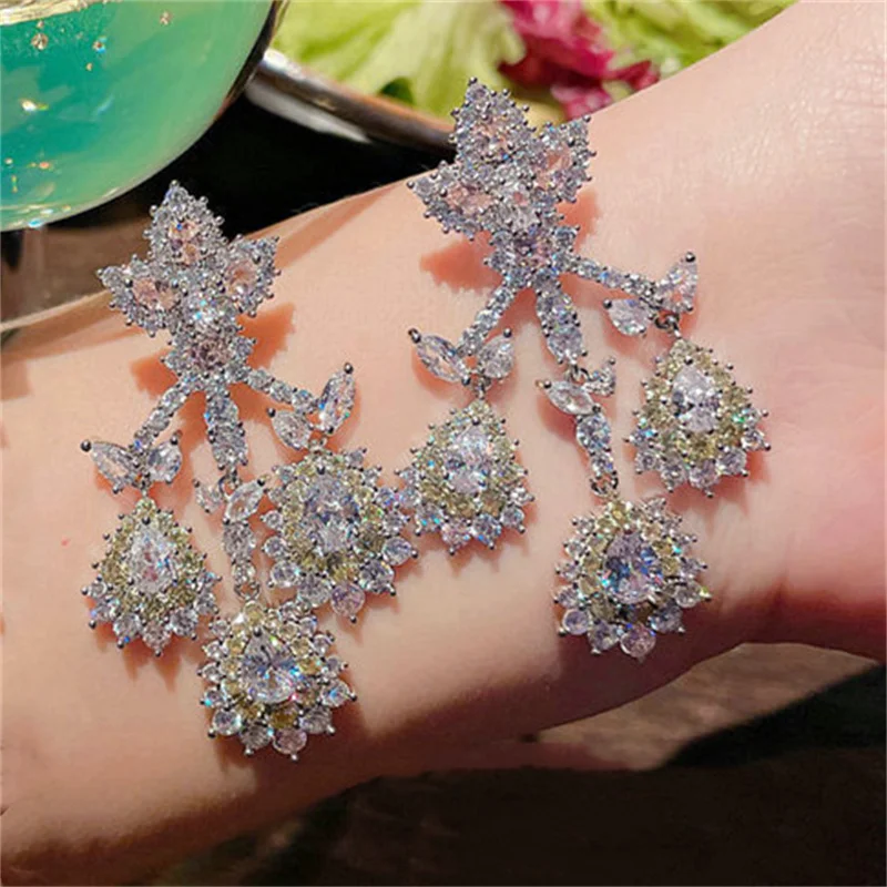 

Water Drop Earrings For Women Engagement Bridal Long Flower 925 Silver Needle Pink Gorgeous Fine Jewelry Party Accessories