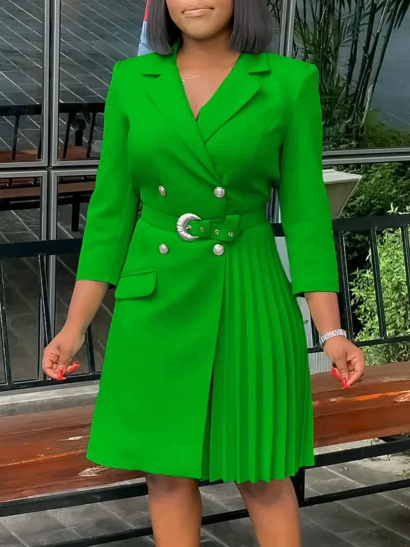 Elegant Blazer Dresses for Women Church Waist Belt Buttons Pleated Long Sleeves Classy Modest Female Office Ladies Business New