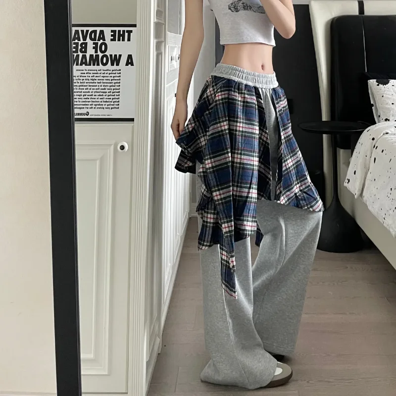Spring Autumn American Retro Plaid Trousers Fake Two Pieces Sweatpants Women's Clothing Straight Casual Loose Patchwork Pants