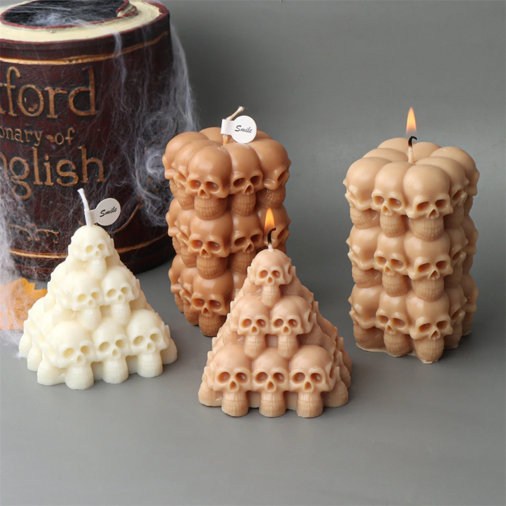 3D Skull Head Mountain Silicone Mold Relief Skull Tower Pillar Scented Candle Mold DIY Halloween Skull Plaster Home Decor Tool