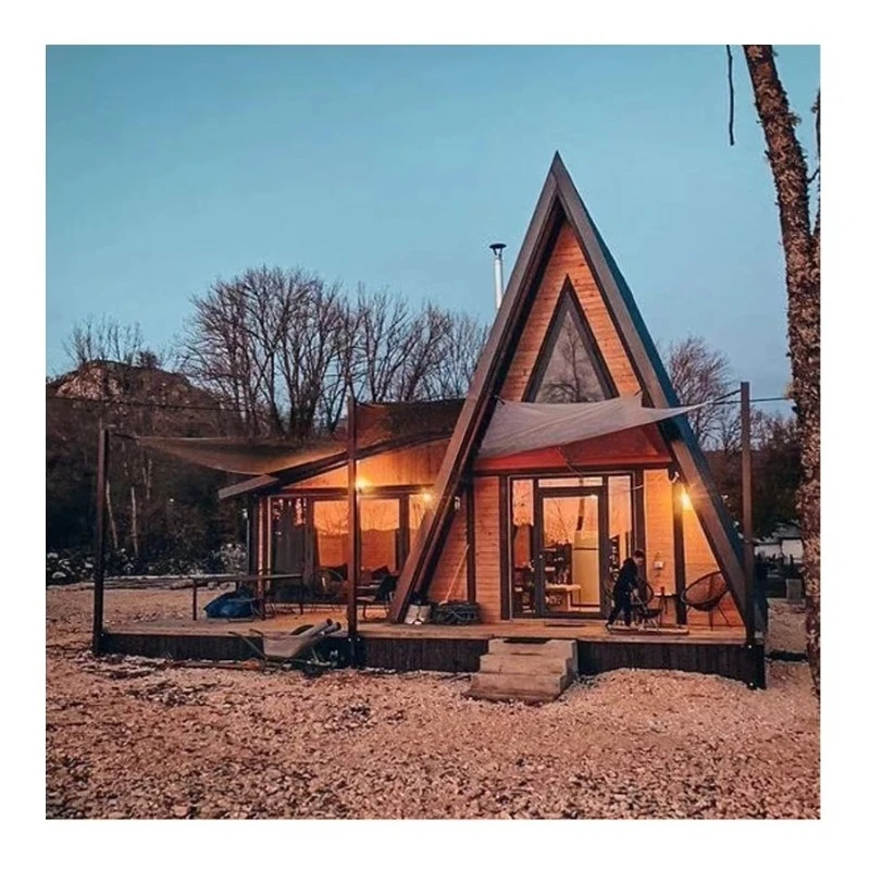 Triangular Wooden Hut Prefabricated Shelter Wood Frame Cabin for Beachfront Vacation Custom Cabin Rental Coastal Resort Design