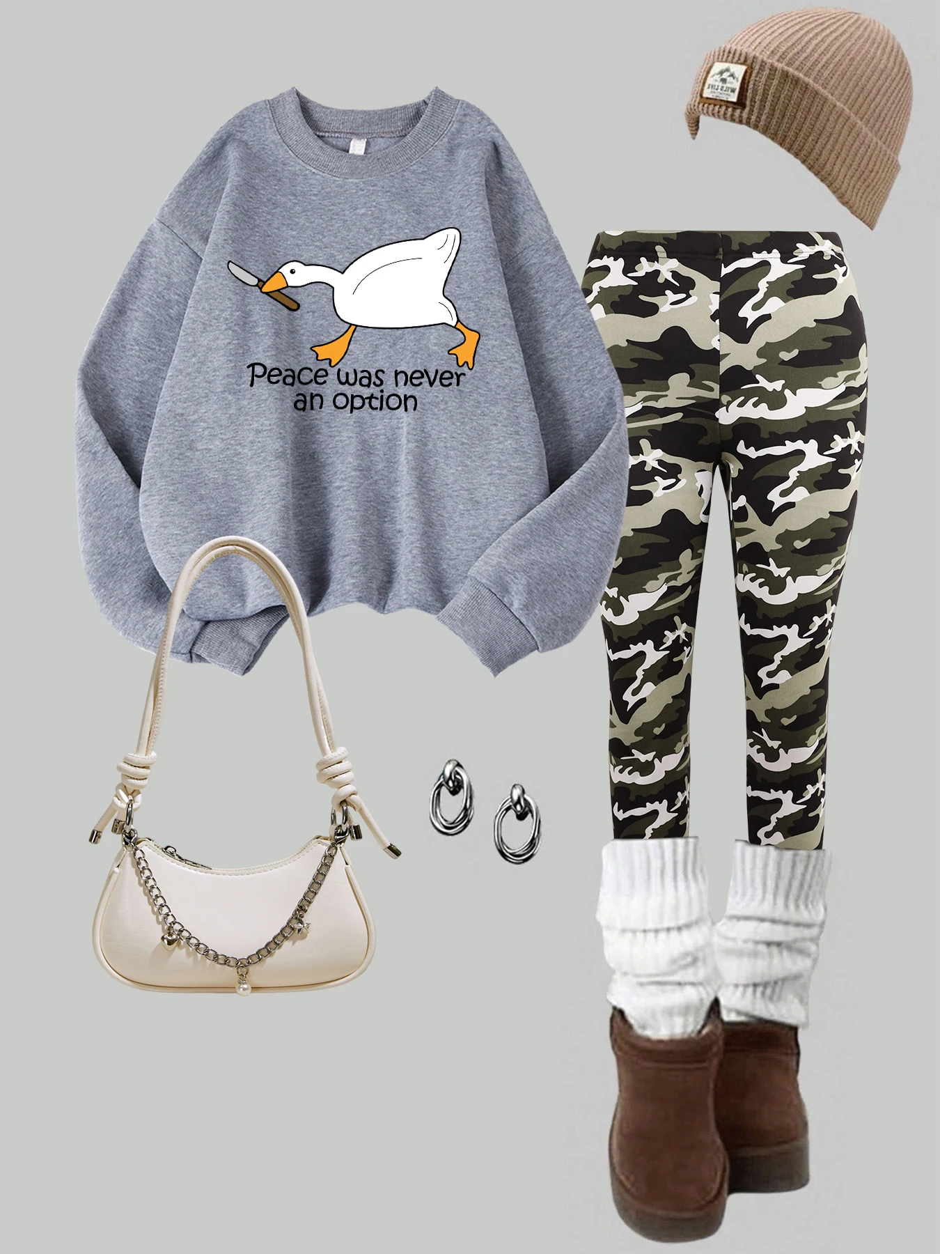 Frieden war nie eine Option Enten-Print-Sweatshirt-Set für Damen, O-Ausschnitt, Herbst-Pullover, lockere Streetwear, warme Fleece-Leggings-Sets