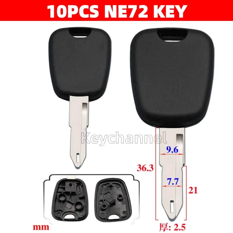 10PCS Car Key Tansponder Shell 46 Chip Case NE72 Key Blade for Peugeot 107 206 207 Citroen C2 Renault Clio Duster Kangoo Modus