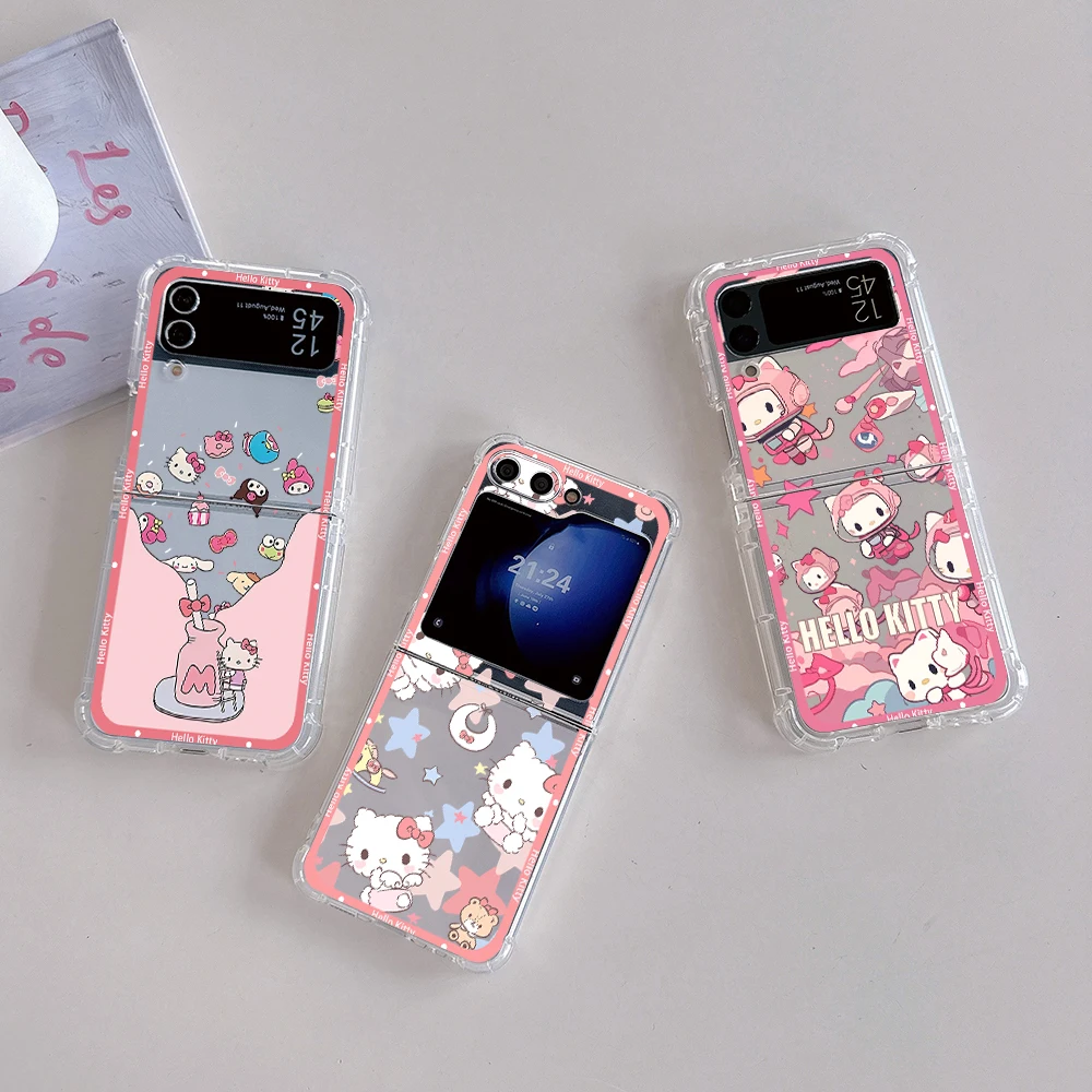 Kawaii Hello Kitty Clear Phone Case for Samsung Galaxy Z Flip 3 4 Z Flip 5 6 Z Fold 4 5G PC Soft Anti-fall Back Cover Gift