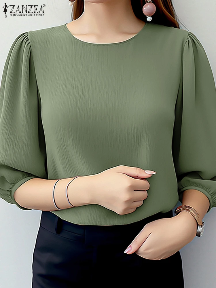 ZANZEA Crinkled Fabric O Neck Blouses Autumn 2024 Women Classy 3/4 Puff Sleeve Solid Color Shirts Tops Casual Elegant Blusas