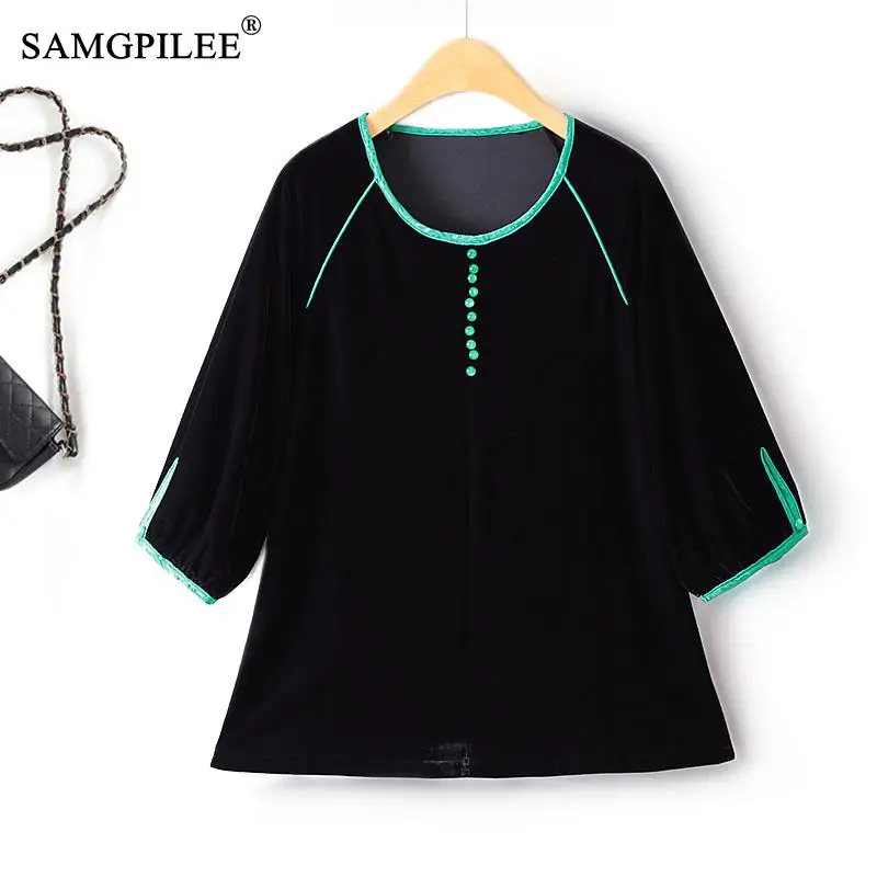 

Light Luxury New Chinese Style Top Women Contrasting Color Three Quarter Sleeves Drapey Velvet O Neck Autumn Oversized T-shirt