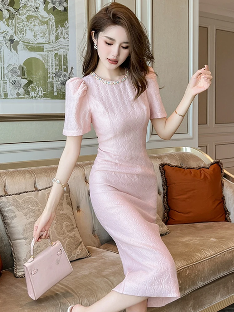 2023 Elegant Fashion Midi Dress Women Sweet Colorful Diamond Bubble Sleeve Split Robe Femme Party Banquet Vestidos Mujer Summer