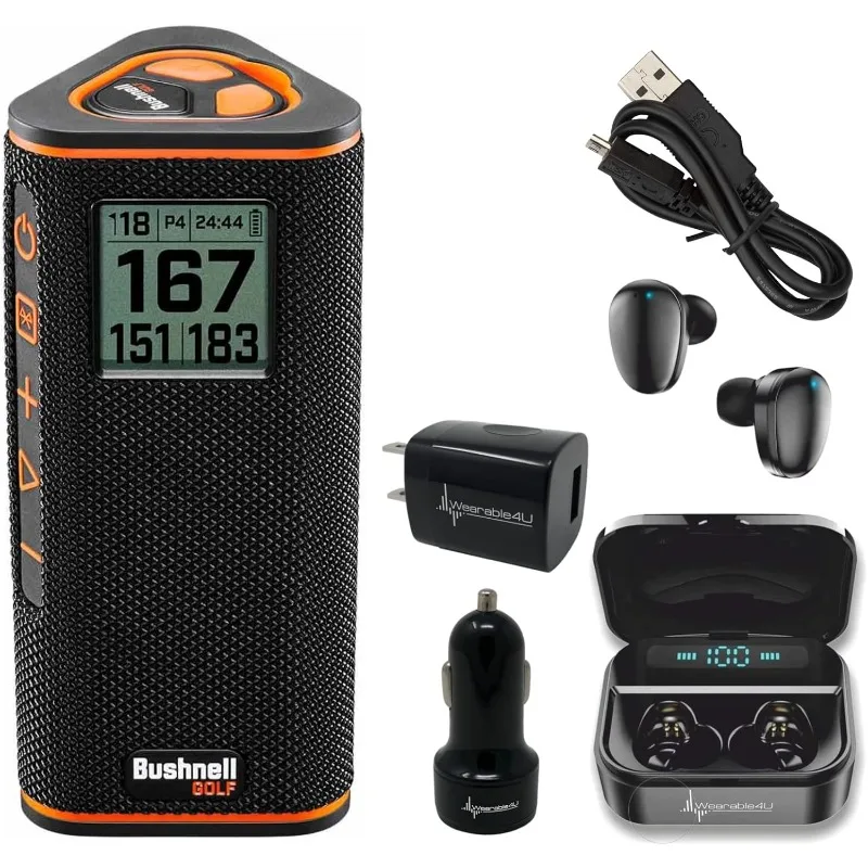 Bushnell Wingman View Golf GPS Bluetooth Speaker with Ultimate Black Earbuds and Wall and Car Chargers Bundle