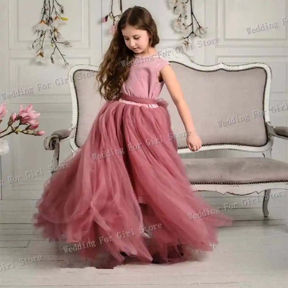 Vestido con espalda descubierta en forma de corazón rosa para niña, Top de terciopelo de tul para niña pequeña, vestido de fiesta de boda para niña, vestido de cumpleaños para niño con lazo