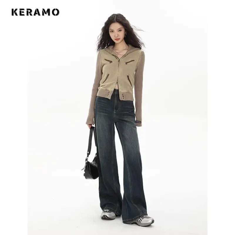 Women\'s Fashion Retro Streetwear Style Straight High Waist Jeans Full Length Vintage Pants Wide Leg Baggy Y2K Denim Trouser