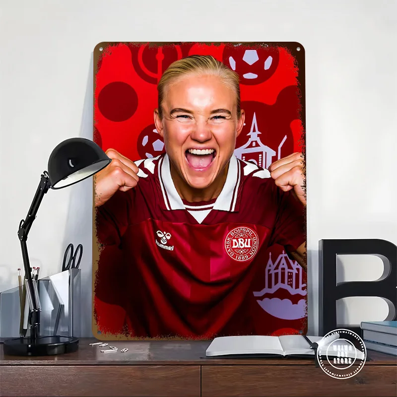 Excited Soccer Player in Denmark Jersey Printed Poster Customized Wall Art Retro Vintage Metal Tin Signs for Room Desk Decor