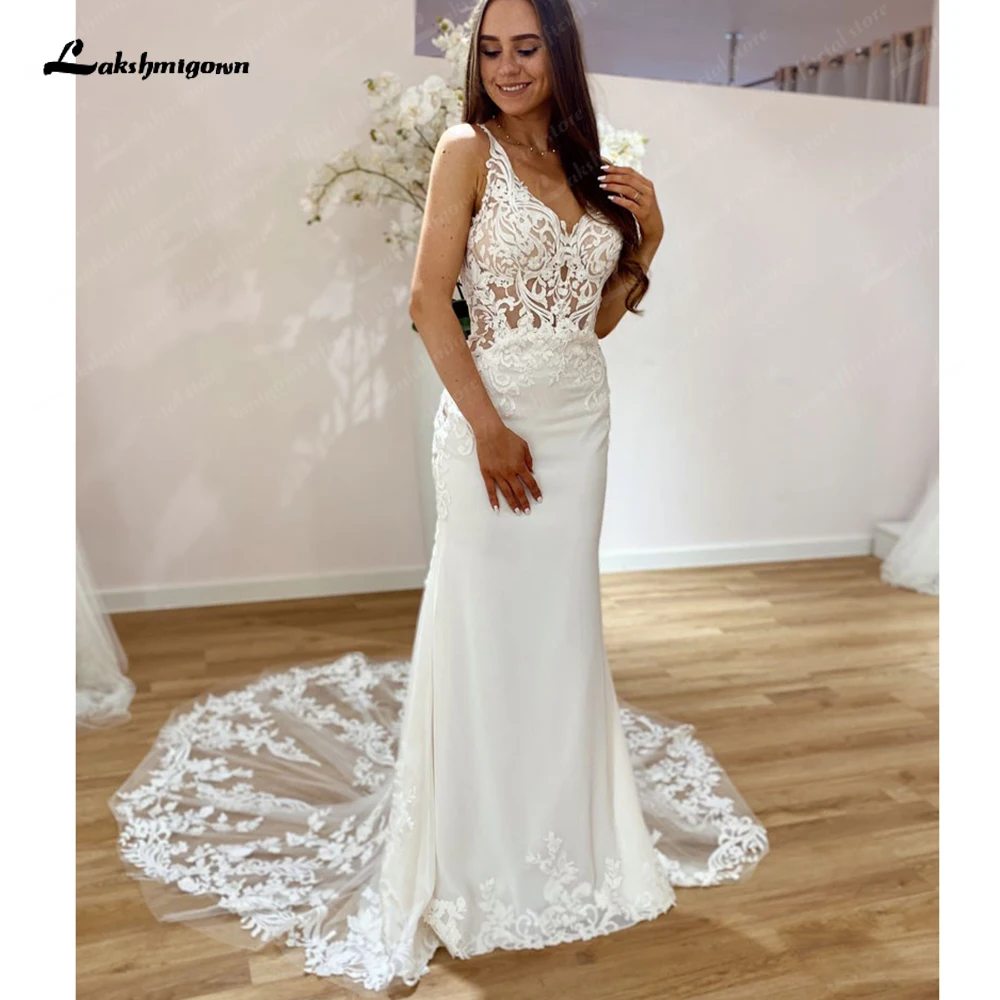 Lakshmigown Lace Crepe Mermaid Wedding Dress Vestidos Civil Boho Bridal Gowns Cut Out  Long Train 2023  vestidos para mujer