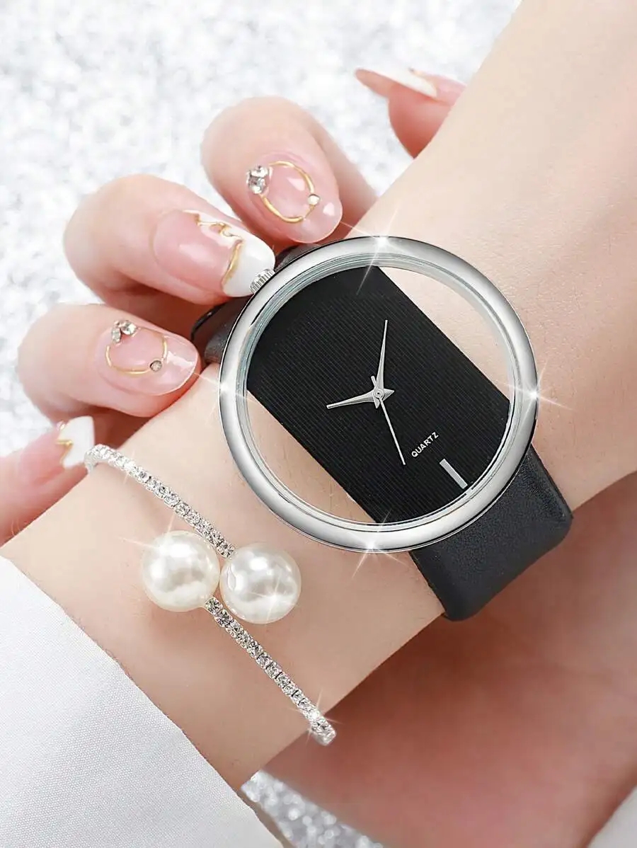 2pcs/Set Ladies' Pu Leather Strap Fashionable Simple Hollow Out Dial Quartz Wrist Watch Bracelet As A Gift For Students