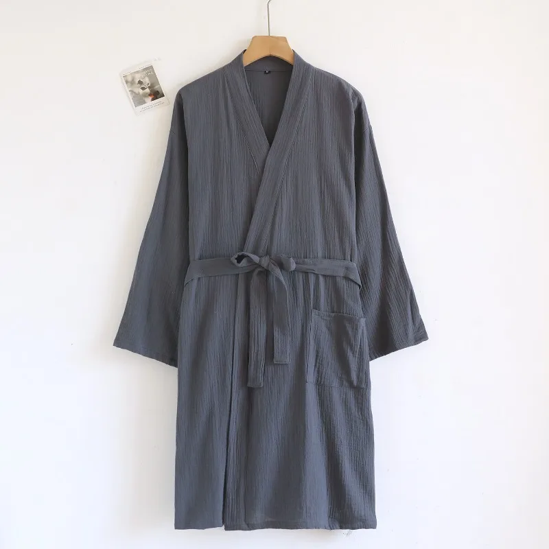 2025 New Spring and Autumn Couple Sleeping Robe 100% Cotton Crepe Bathrobe Large Solid Color Home Robe Robes for Women