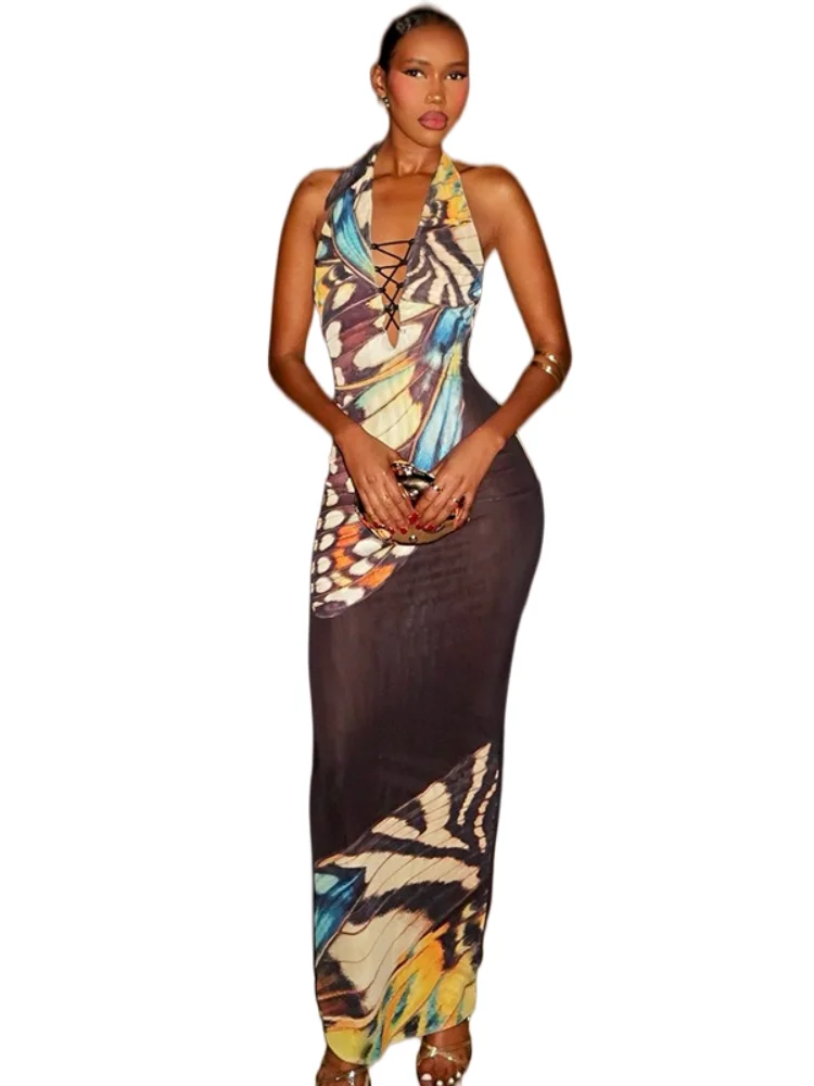 Robe longue pour femme à imprimé papillon, col halter, décolleté plongeant en V, sans manches, dos nu, avec laçage et effet enveloppant aux hanches