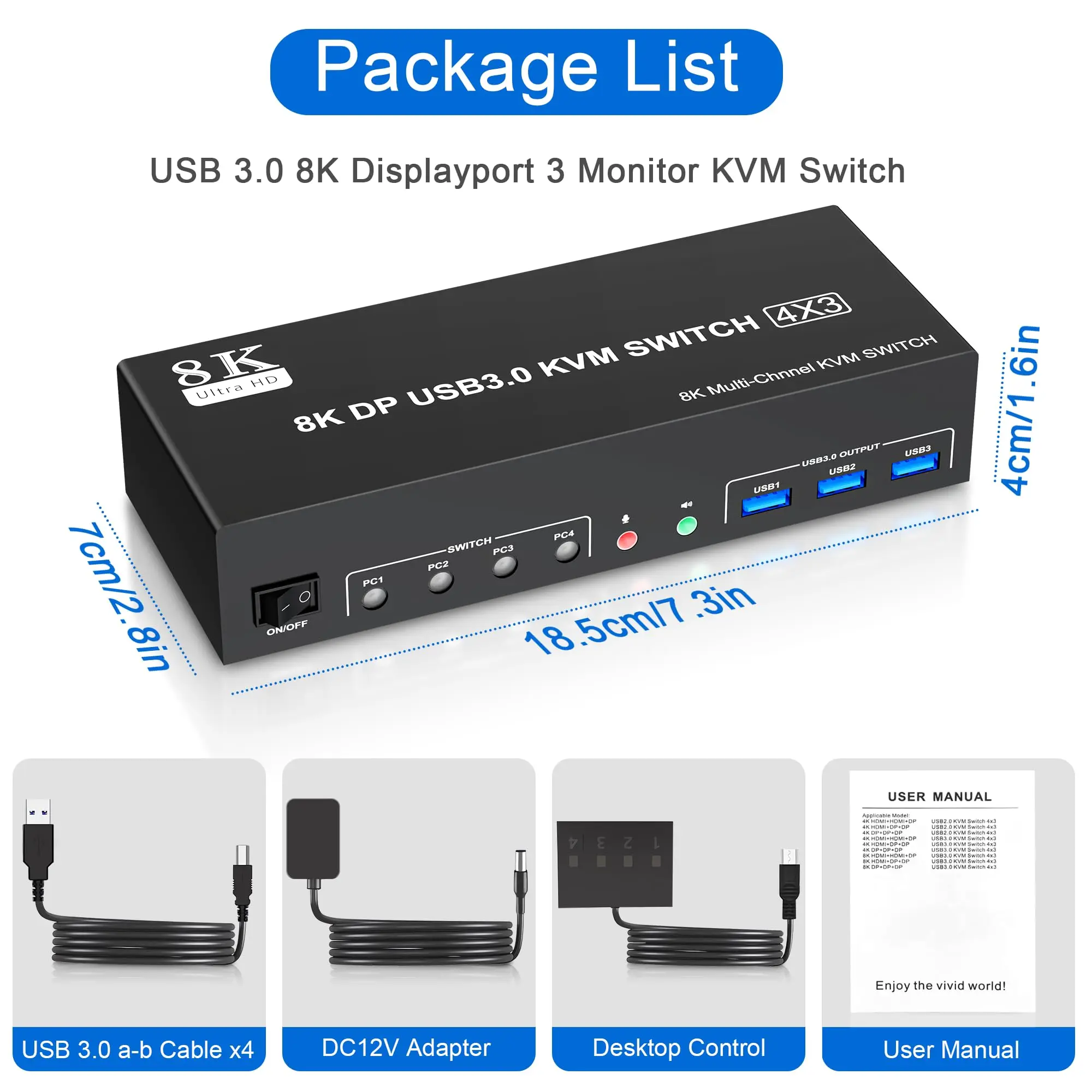 Imagem -06 - Switch Kvm Displayport com Saída de Áudio para Pcs Usb 3.0 8k 60hz Monitores Computadores Dp1.4 Monitor Triplo