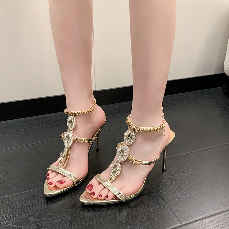 Summer New Pointed Toe Open-toe One-band Non-slip Stiletto Shoes Temperament Diamond-encrusted High-heeled Sandals