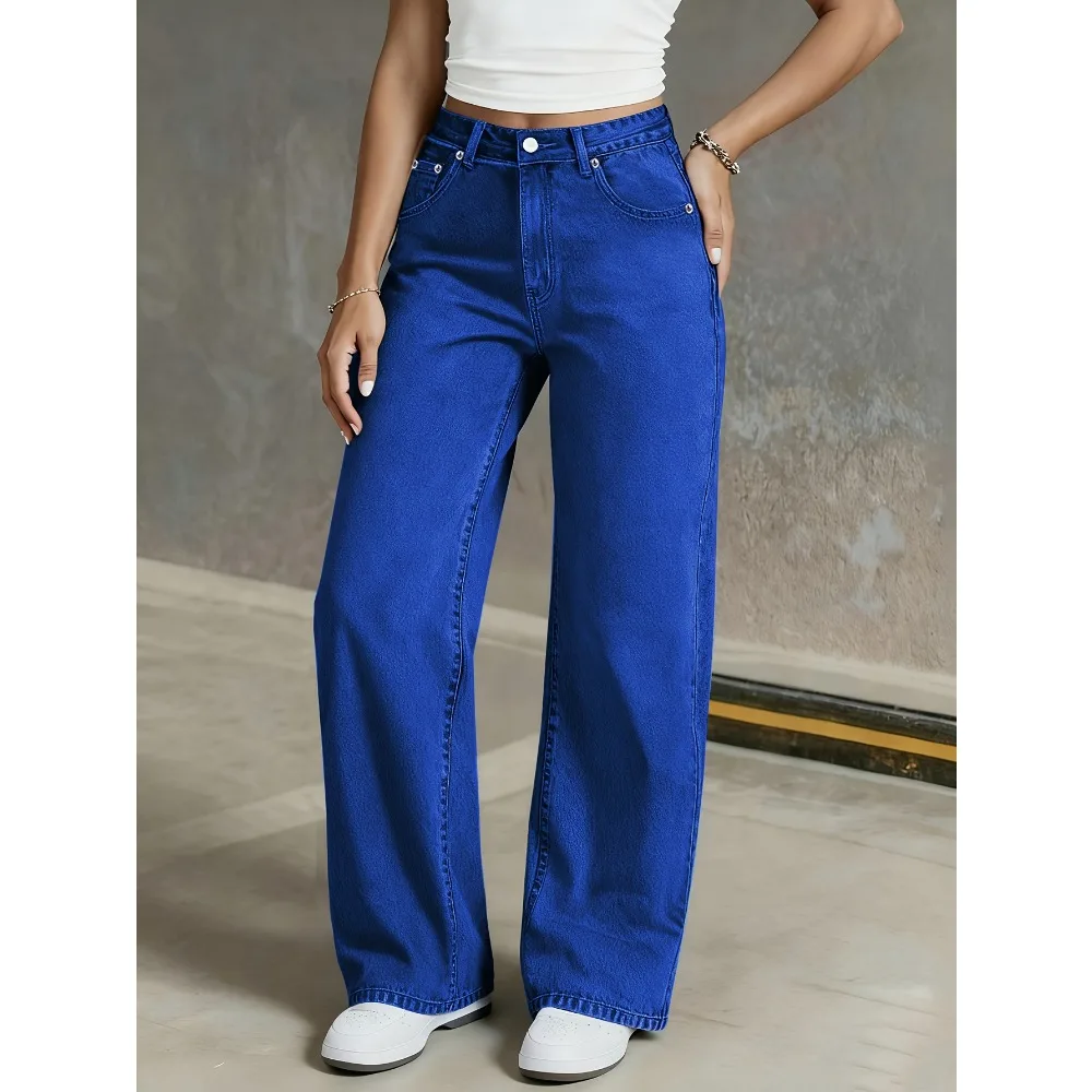 Jeans de moda para mujer Dodge Blue Four Seasons, versátiles, delgados y elásticos, de cintura alta y corte recto con diseño de tachuelas.