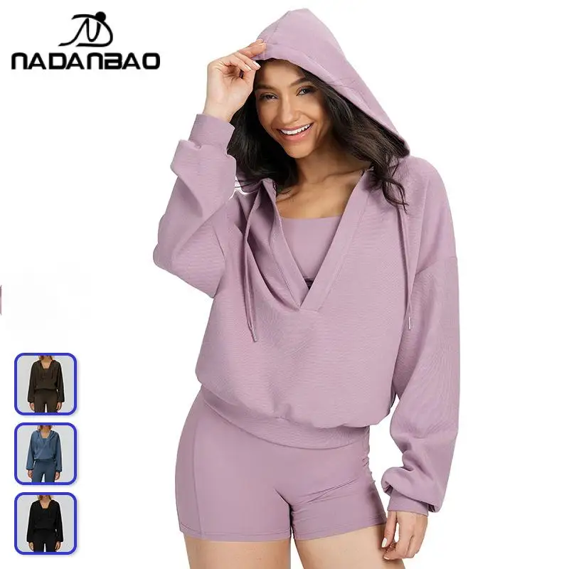 

Nadanbao Spring Long Sleeves Yoga Shirt V-Neck Big Hood Coat Loose Comfortable Outerwear Top Outdoor Running Gym Sports Pullover