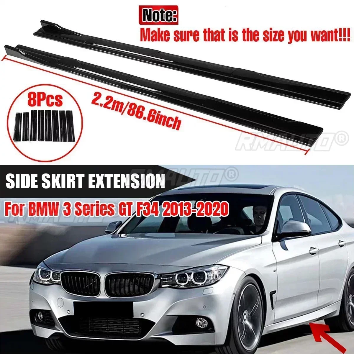 High Quality ABS 2.2m Side Bumper Skirts Extension Rocker Splitters Diffuser Winglet Wings for BMW 3 Series GT F34 2013-2021