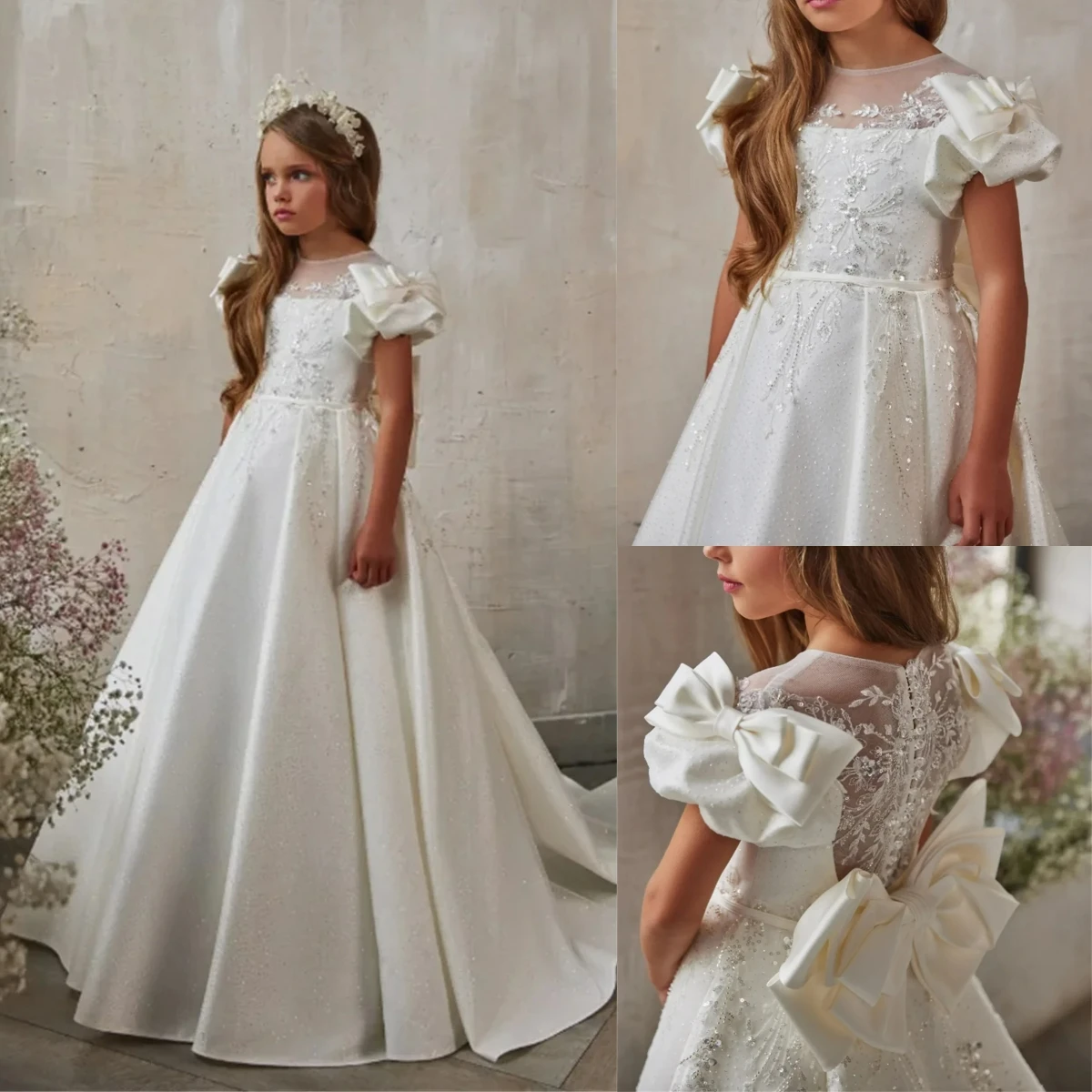 Light Pink Elegant Flower Girl Dress Satin Fluffy with Exquisite Lace Applique for Wedding Ball Birthday  Evening Party Gowns