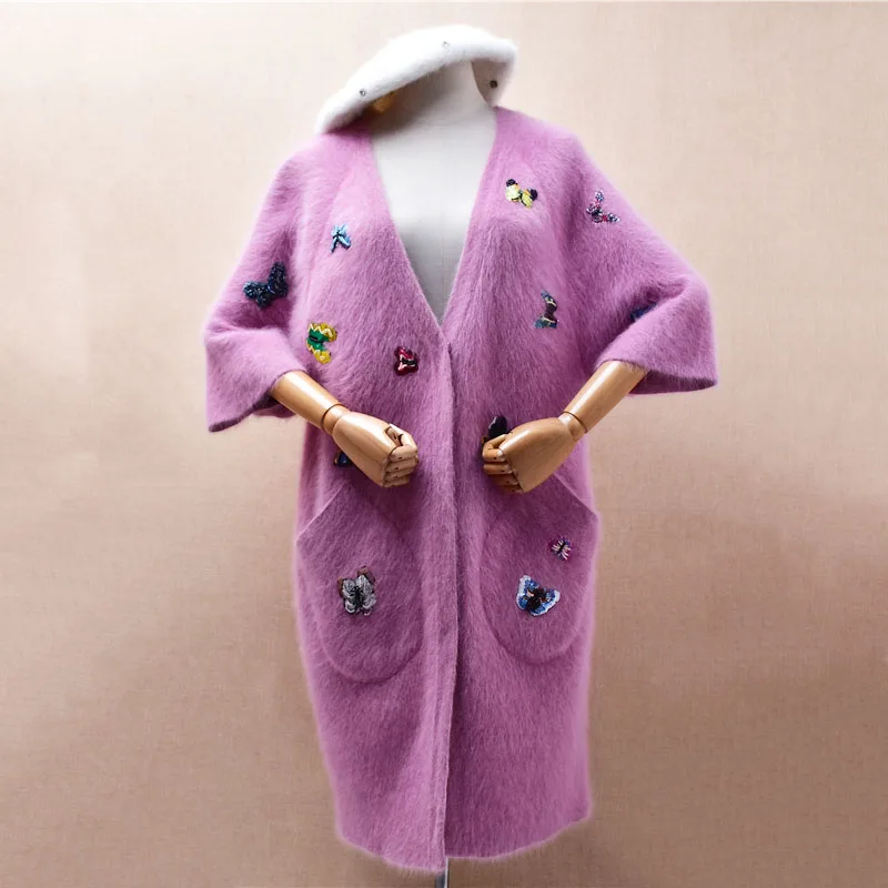 

Ladies Women Autumn Winter Fashion Butterfly Beading Embroidery Mink Cashmere Half Sleeves Loose V-Neck Long Caridgans Sweater