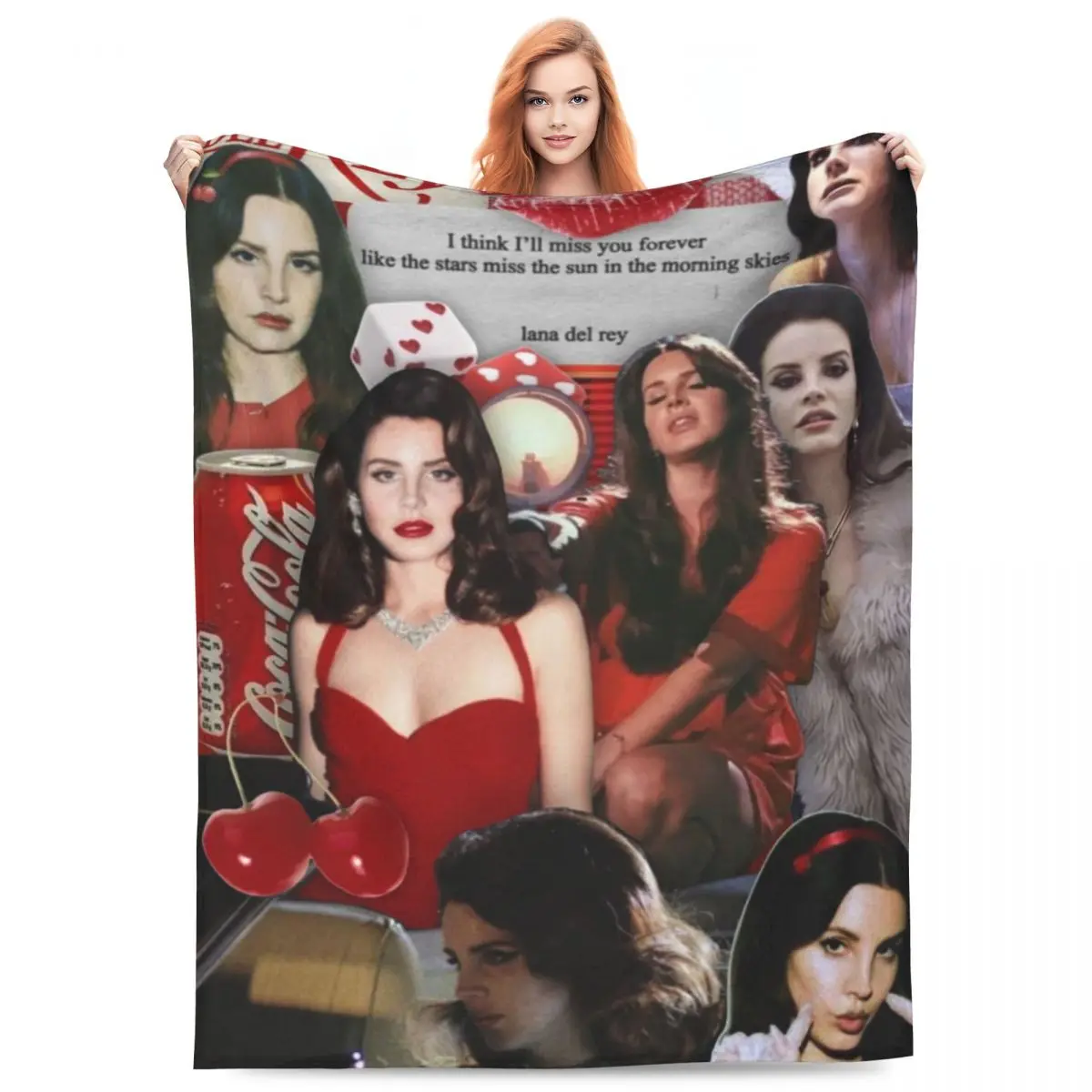 L-Lana Del Reys Flannel Blankets Pretty Singer Red Warm Soft Throw Blanket for Bed Camping Aesthetic Bedspread Sofa Bed Cover