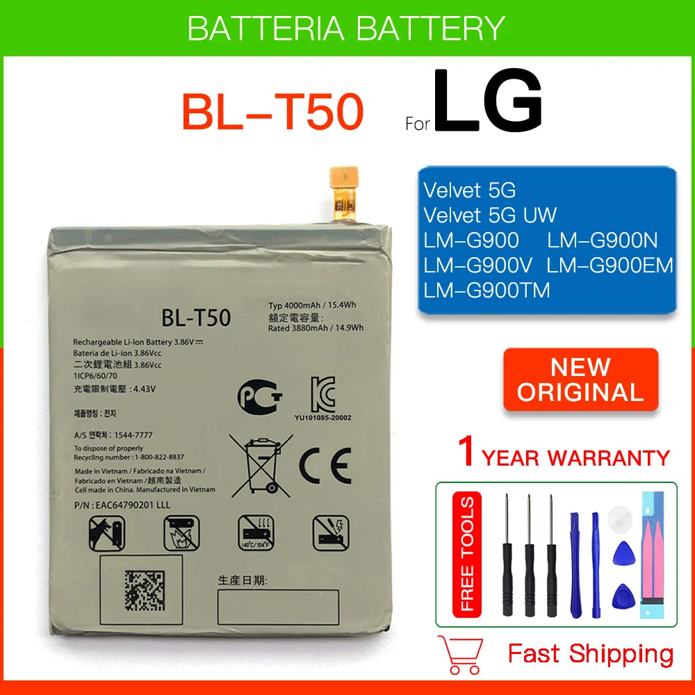 LG용 정품 교체 배터리 BL-T50, 4000mAh 배터리, LG 벨벳 5G UW LM-G900 G900N G900V G900EM, 무료 도구 및 트랙 코드