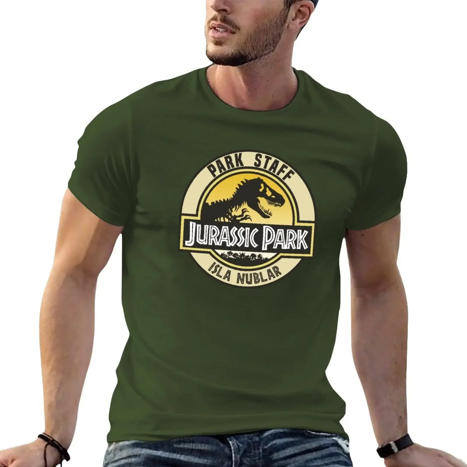 New summer clothes hippie clothes workout shirts for men  Jurassic Isla Nublar Retro Park Staff Dino Badge T-Shirt Park