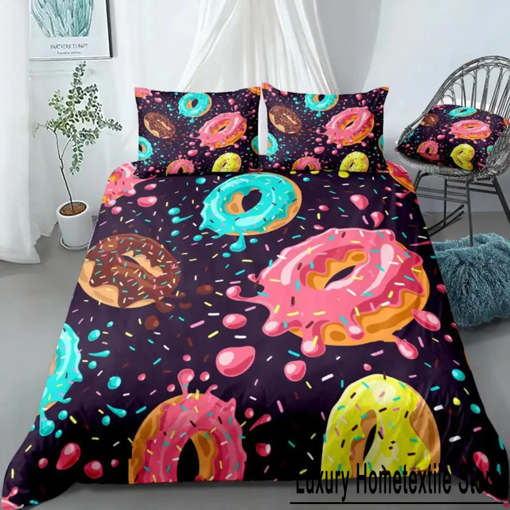 Donuts Duvet Cover Set Pink Chocolate Lemon Blue Mint Donuts Bedding Boys Girls Food Quilt Cover Queen Bed Set Dropship