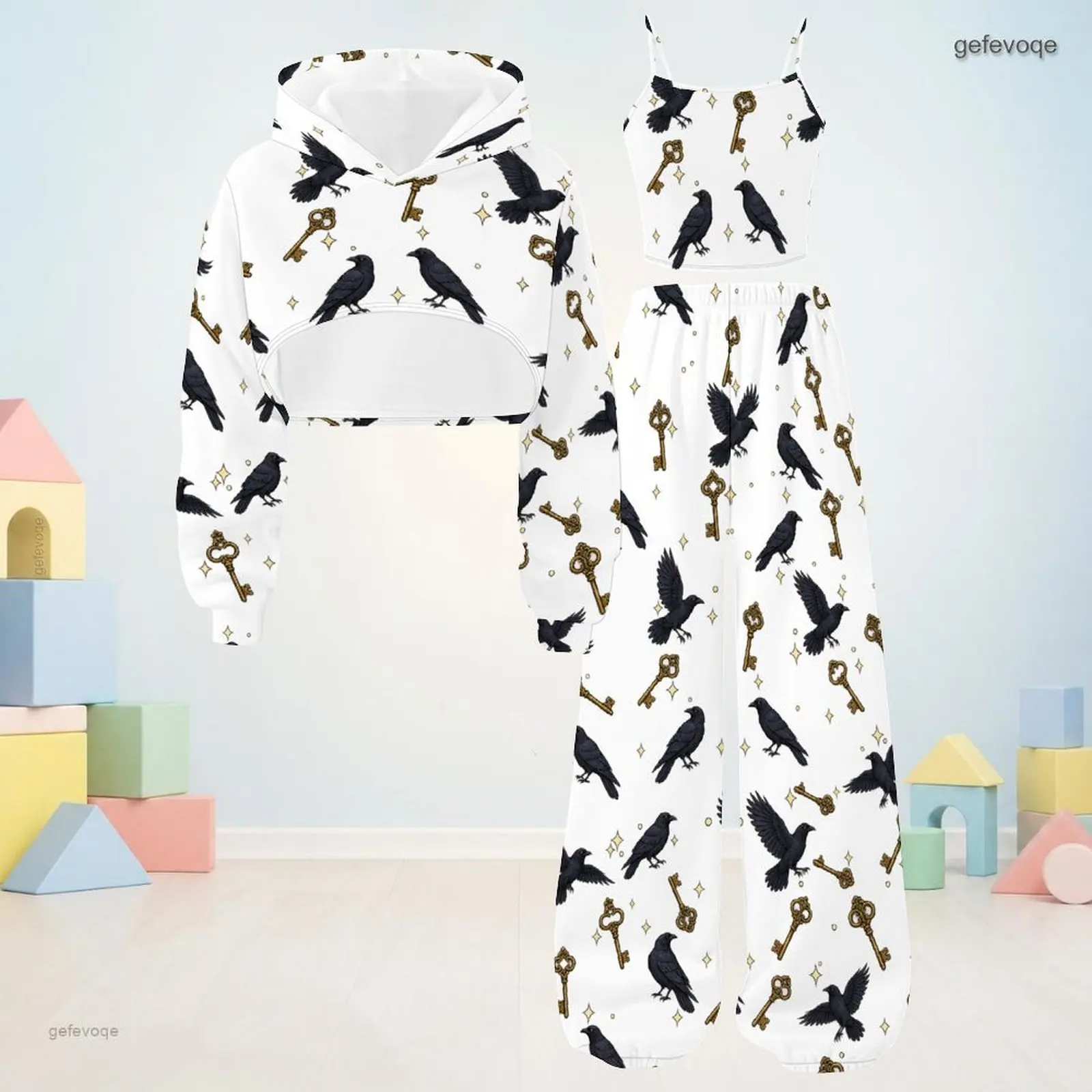Autumn Graphic Print Girls 3 Piece Outfit Girls Hooded Mystical Children Clothing Daily Wear