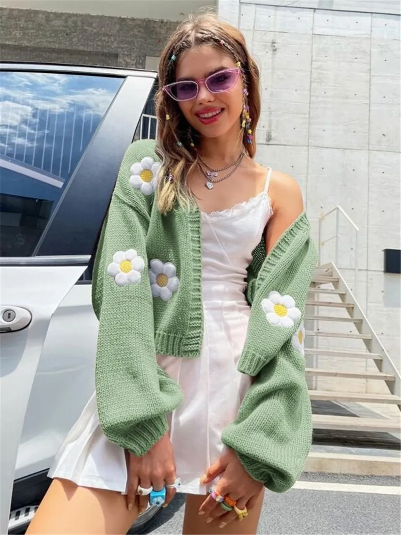 

Floral-Embroidered Cardigan Oversized Cropped Knitted Cardigan V Neck Buttoned Cardigan Women's Autumnal Charming Sweater