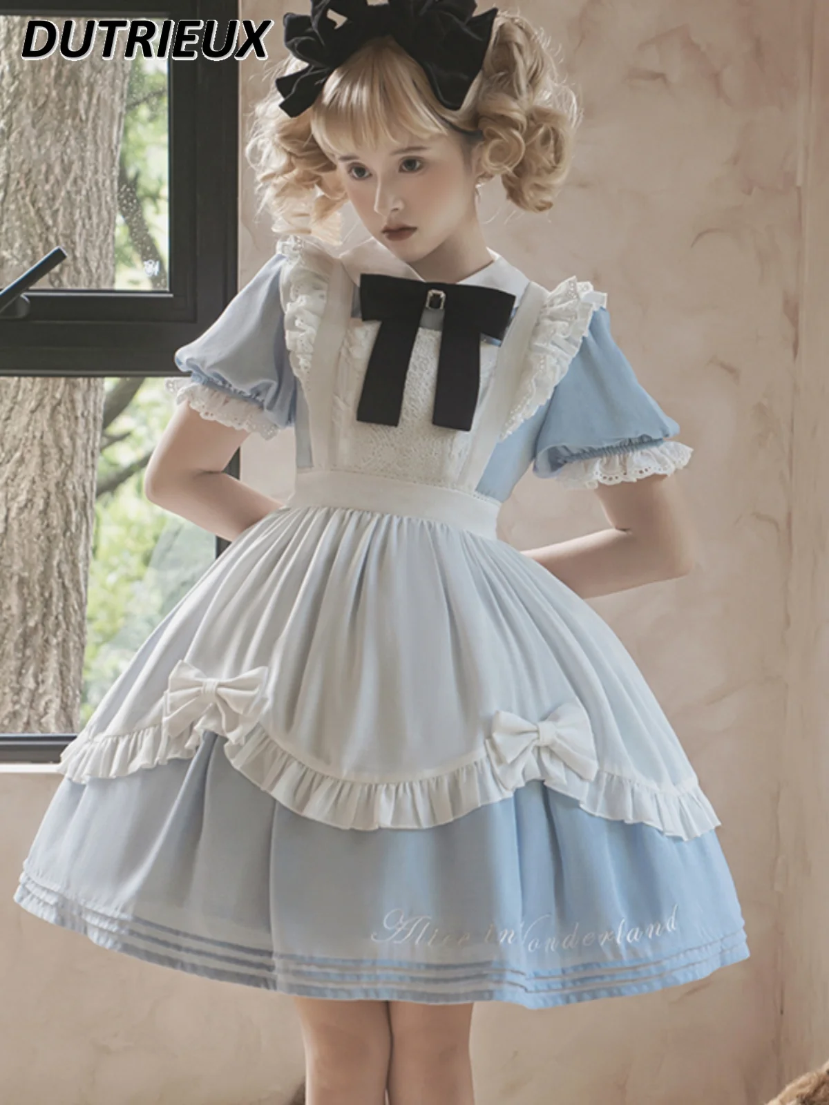 

Summer New Japanese Style Op Lolita Sweet Dress Cute Girls' Lapel Puff Short Sleeve High Waist Color Stitching Dresses